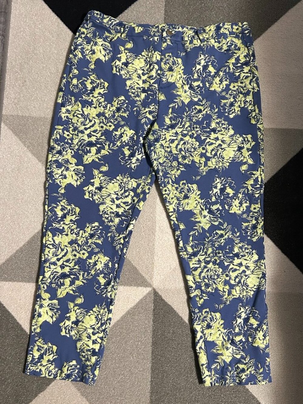 Soft Surroundings Blue/Green Floral Print Stretch Pull-on Cropped Pants Wmn's L